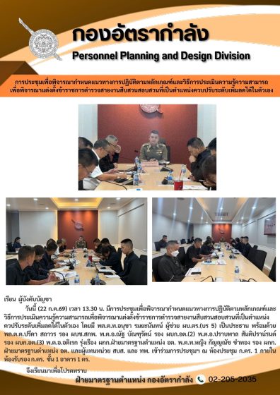 การประชุมเพื่อพิจารณากำหนดแนวทางการปฏิบัติตามหลักเกณฑ์และวิธีการประเมินความรู้ความสามารถ เพื่อพิจารณาแต้งตั้งข้าราชการตำรวจสายงานสืบสวนสอบสวนที่เป็นตำแหน่งควบปรับระดับเพิ่มลดได้ในตัวเอง